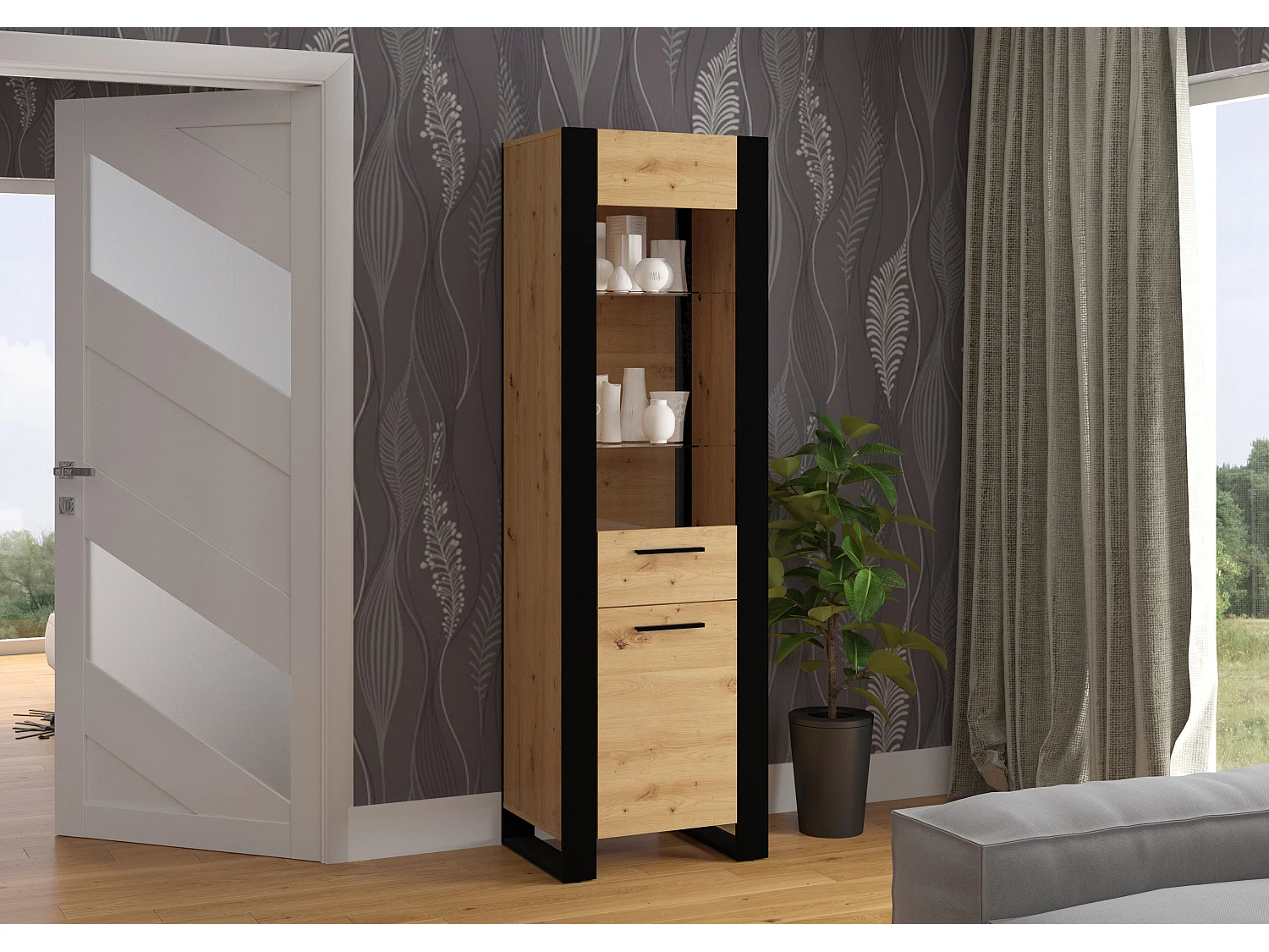 Armoire vitrine NUKA 58x45x188 Beige