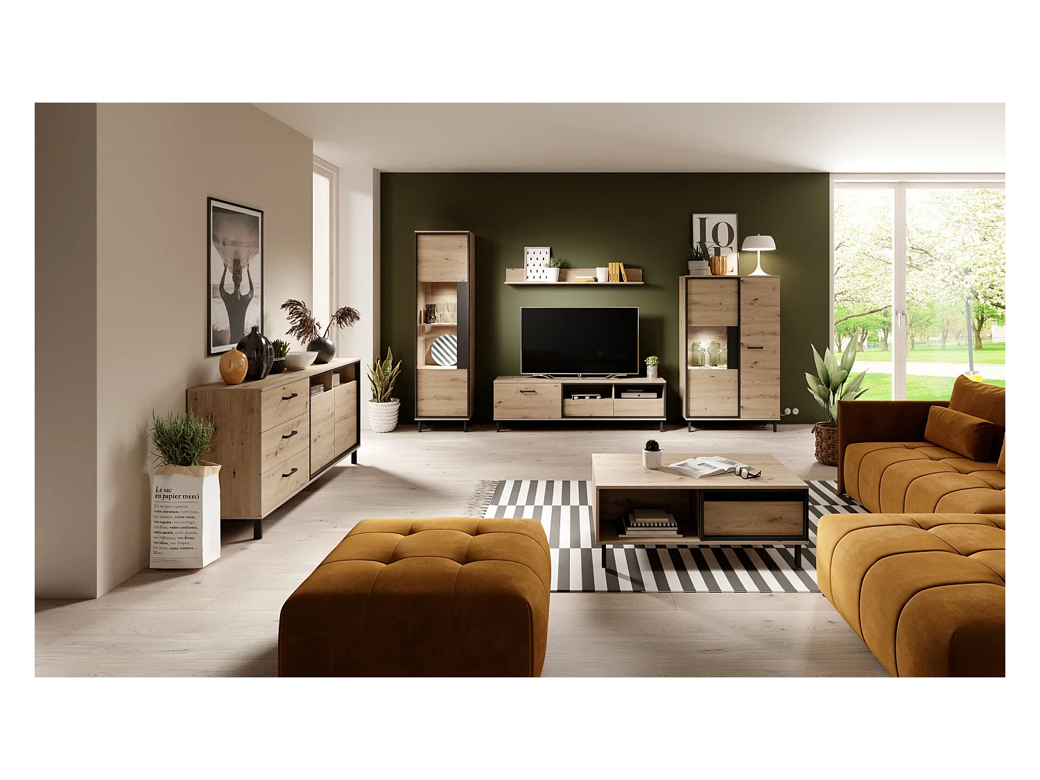 Vitrinenschrank NEST B LED 90x41x151 Creme & Schwarz