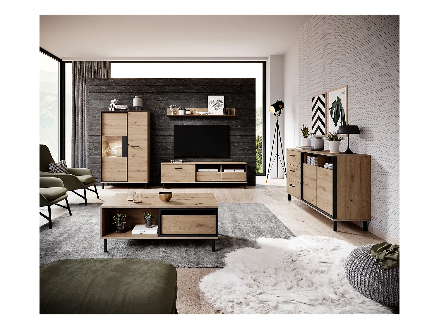 Vitrinenschrank NEST B LED 90x41x151 Creme & Schwarz