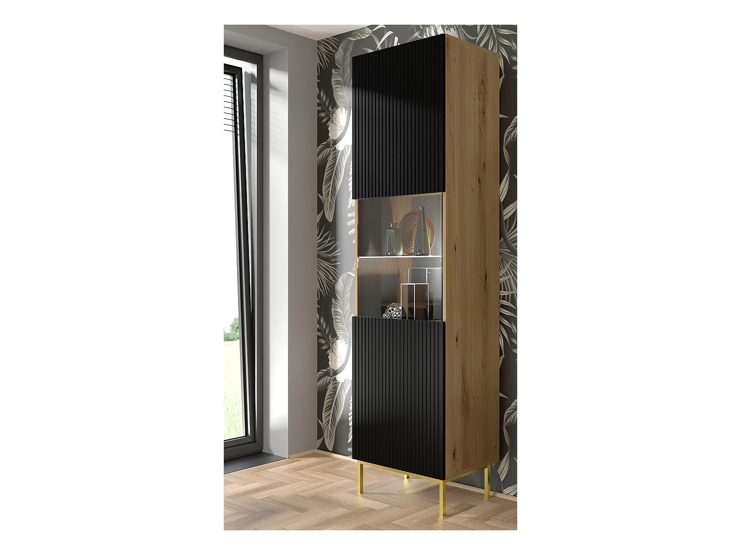 Vitrinenschrank RavennaB 60x42x217 Creme & Schwarz & Golden