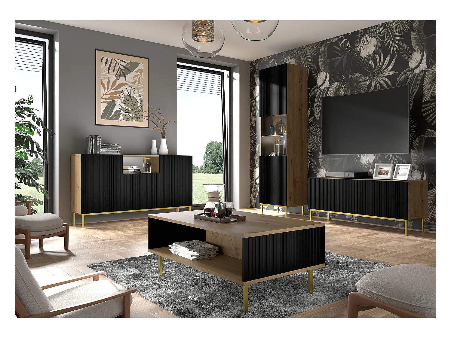 Vitrinenschrank RavennaB 60x42x217 Creme & Schwarz & Golden