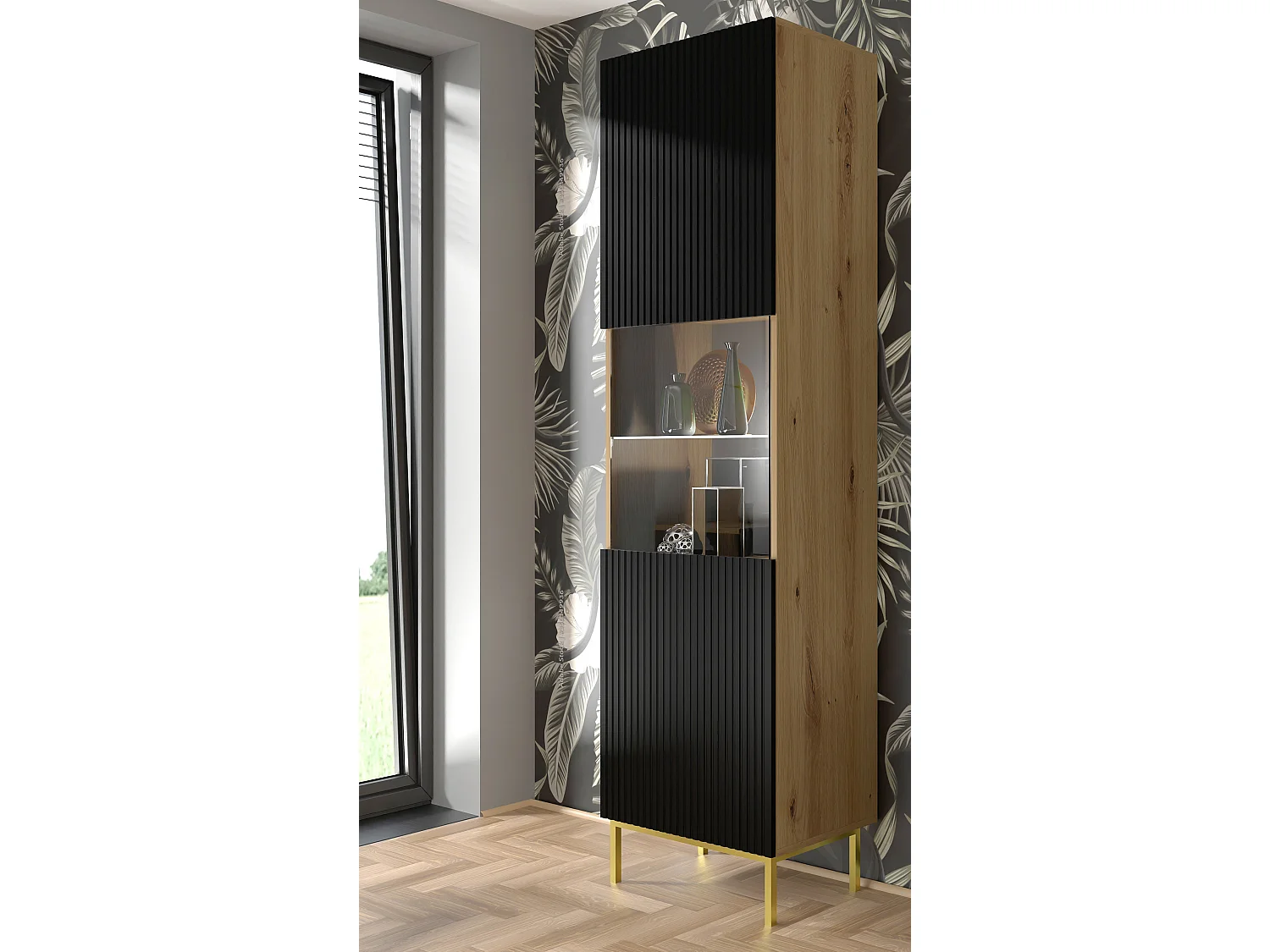 Armoire vitrine RavennaB 60x42x217 Crème & Noir & Doré