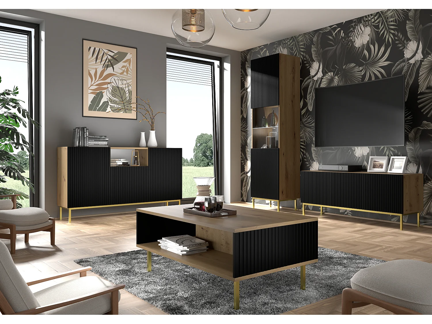 Armoire vitrine RavennaB 60x42x217 Crème & Noir & Doré