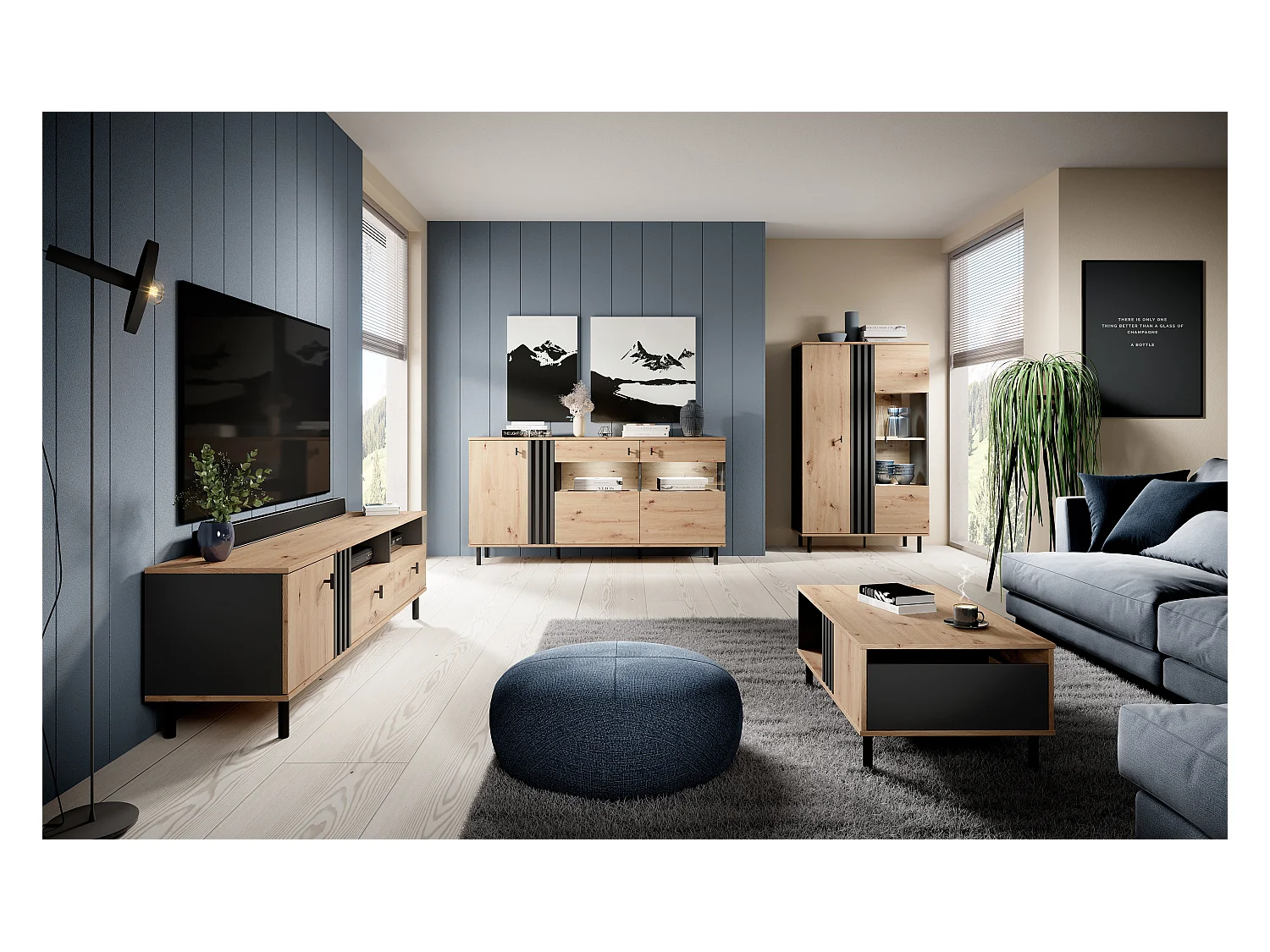 Vitrinenschrank MADIS LED 90x40x149 Creme & Schwarz