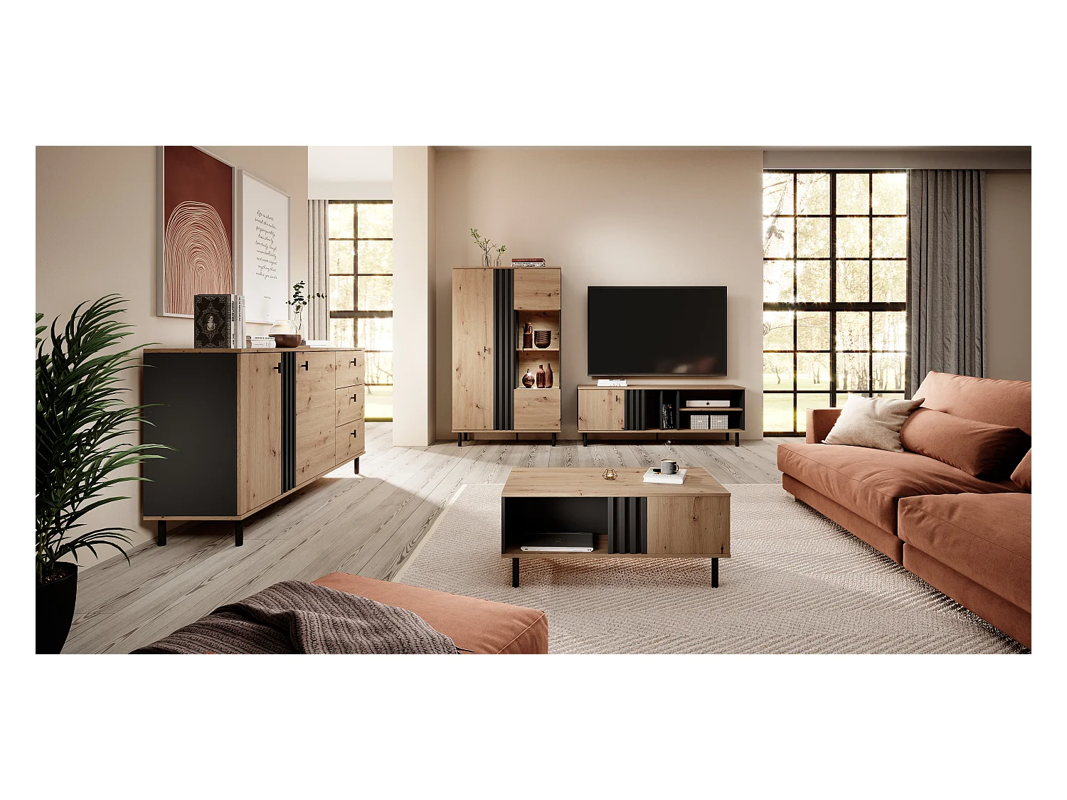 Vitrinenschrank MADIS LED 90x40x149 Creme & Schwarz
