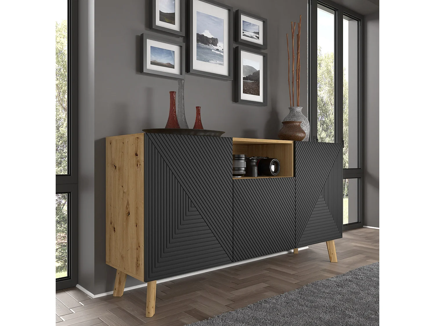 Nexa Hout en Zwart 3-deurs dressoir