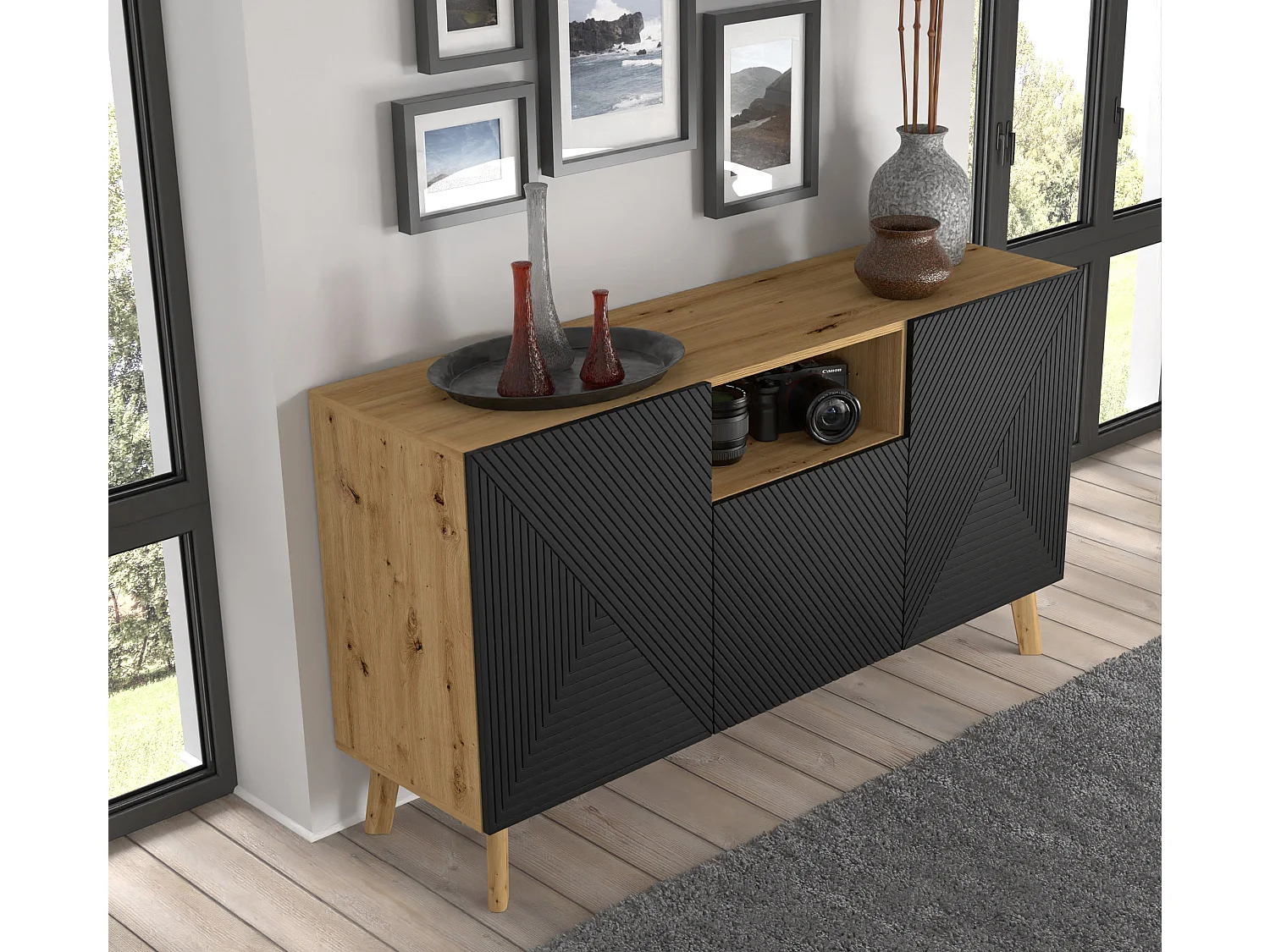 Nexa Hout en Zwart 3-deurs dressoir