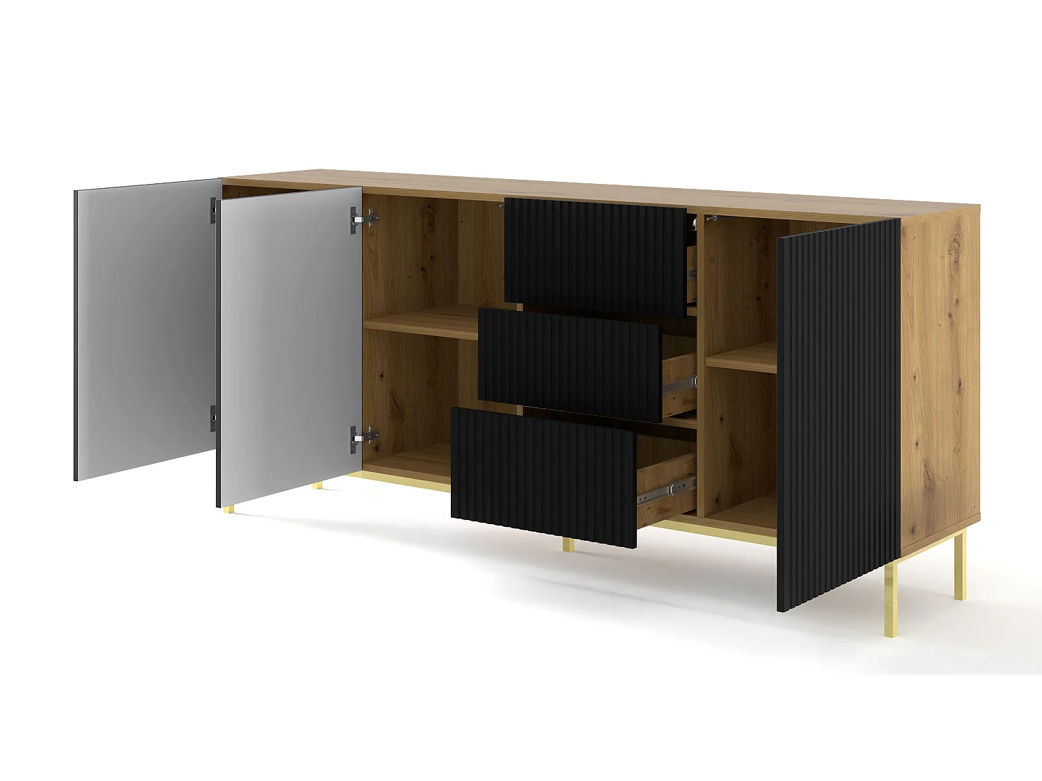 Kommode RavennaB 200x42x89 Creme & Schwarz & Golden