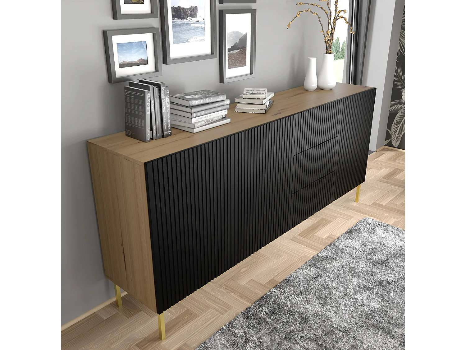 Kommode RavennaB 200x42x89 Creme & Schwarz & Golden