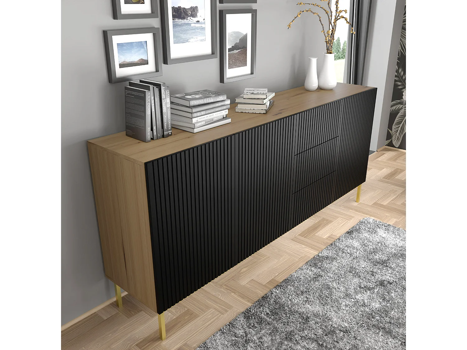 Kommode RavennaB 200x42x89 Creme & Schwarz & Golden