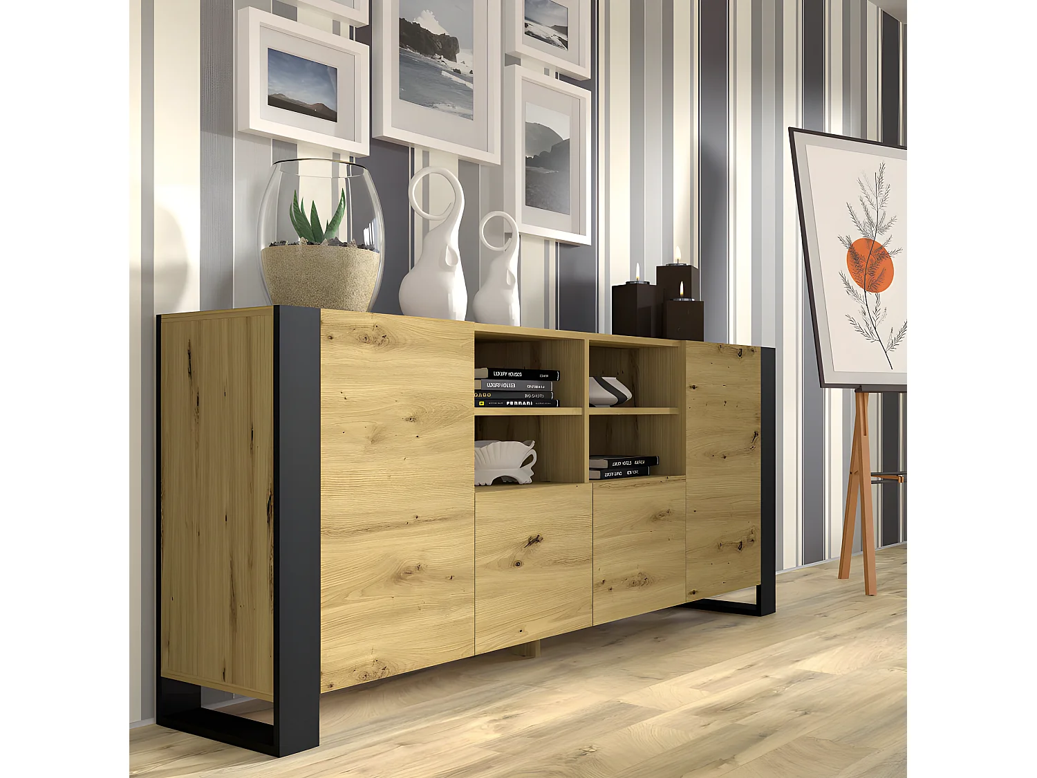 Commode MONDI 188x40x84 Crème & Noir