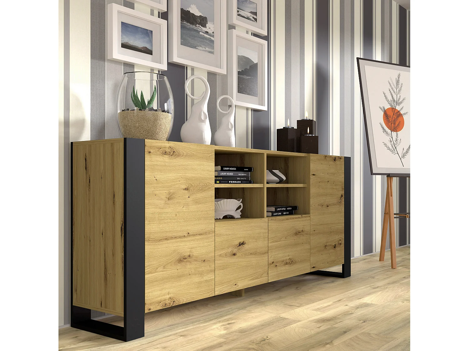 Commode MONDI 188x40x84 Crème & Noir