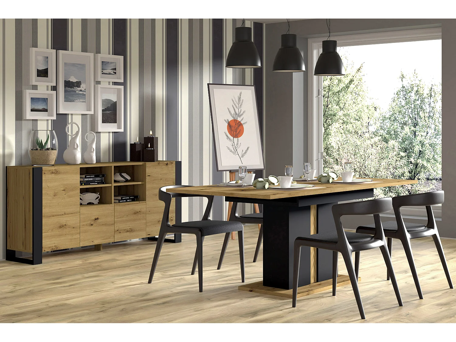 Commode MONDI 188x40x84 Crème & Noir
