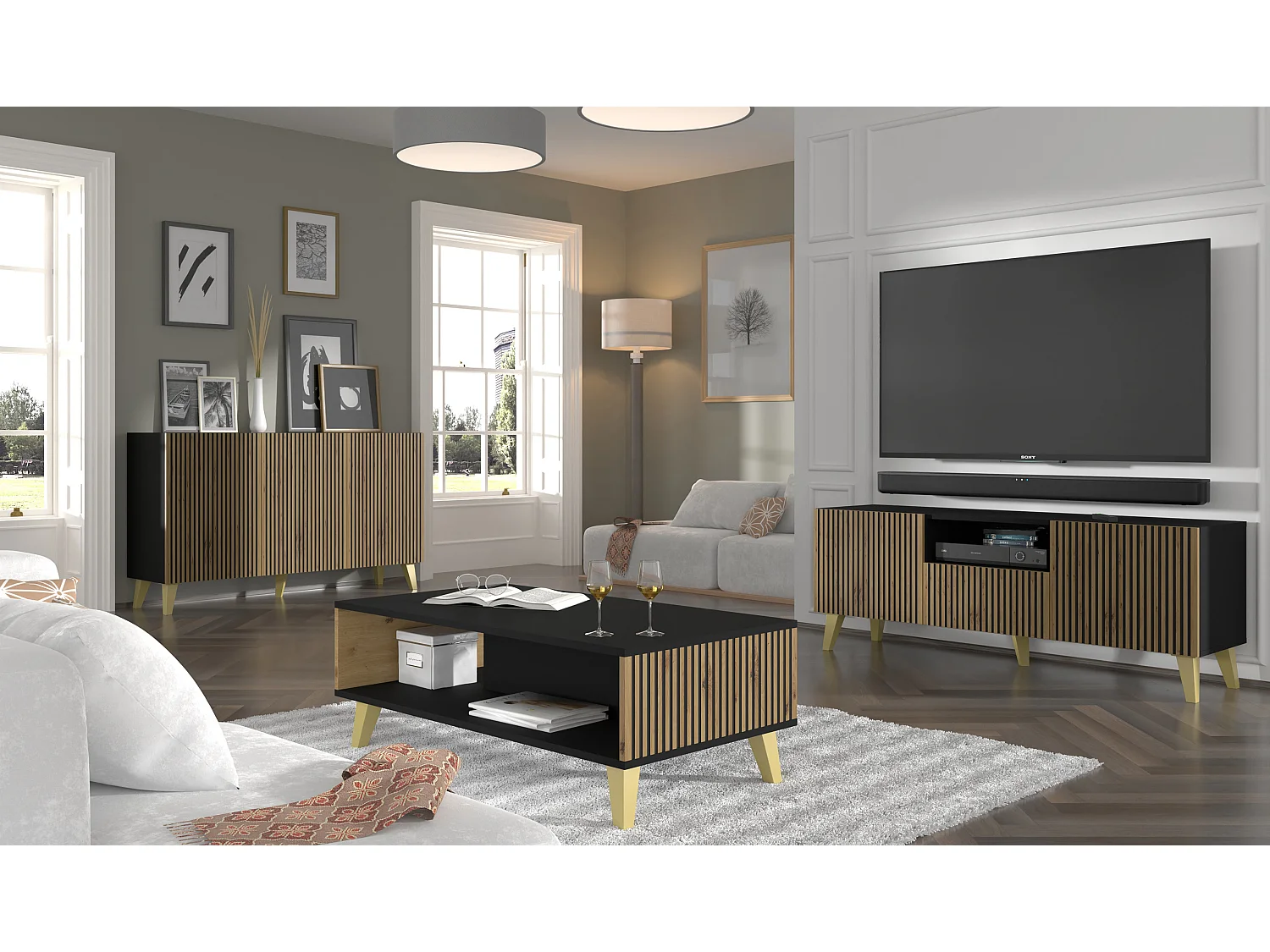 Commode RavennaP 150x42x87 Noir & Crème & Doré