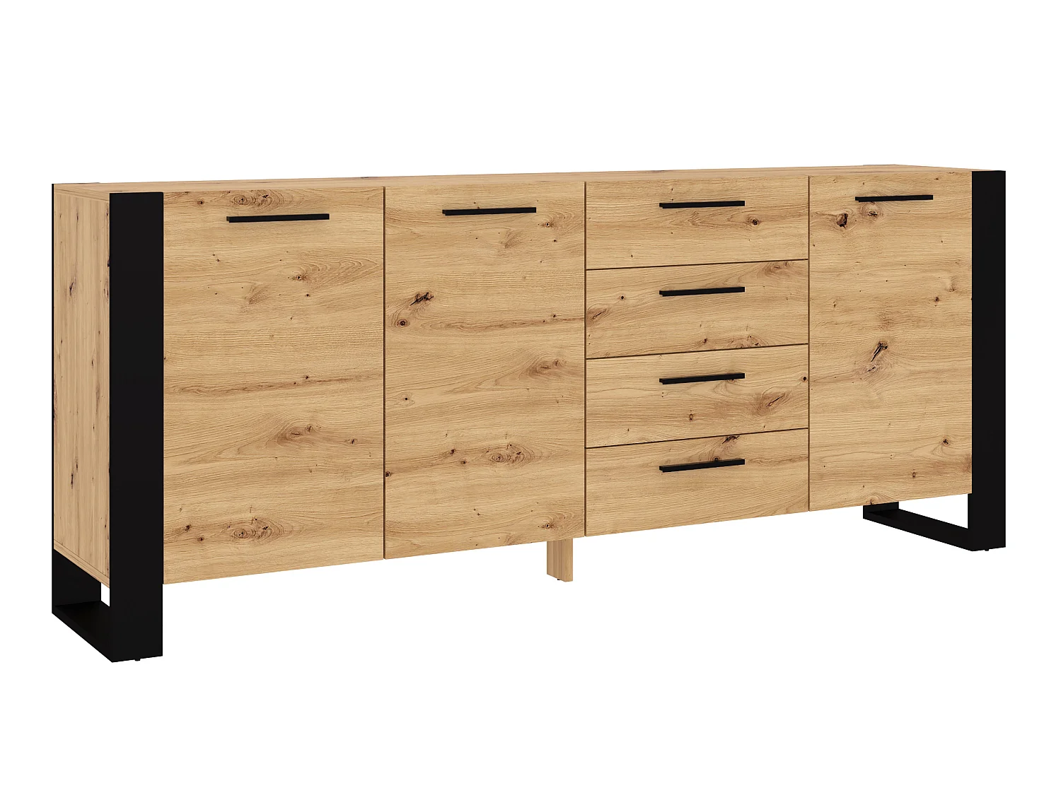 Aparador 3 portas 4 gavetas Nouka madeira e preto 87cm