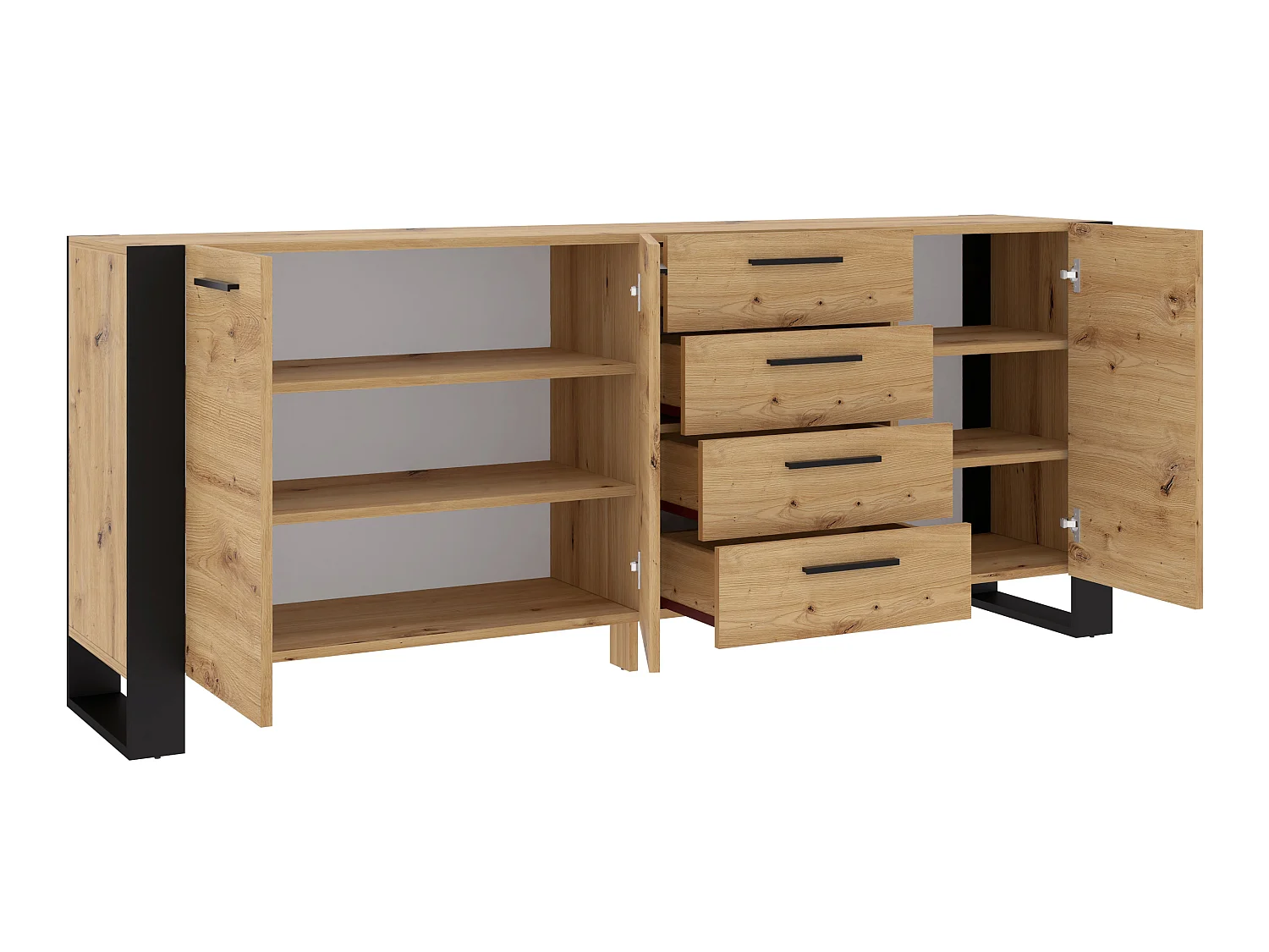 Aparador 3 portas 4 gavetas Nouka madeira e preto 87cm