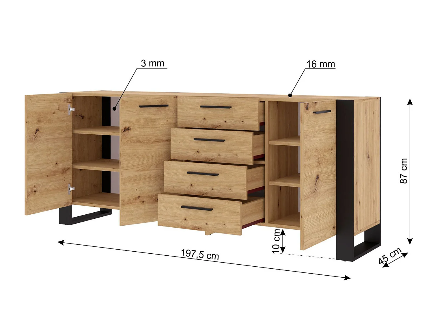 Aparador 3 portas 4 gavetas Nouka madeira e preto 87cm