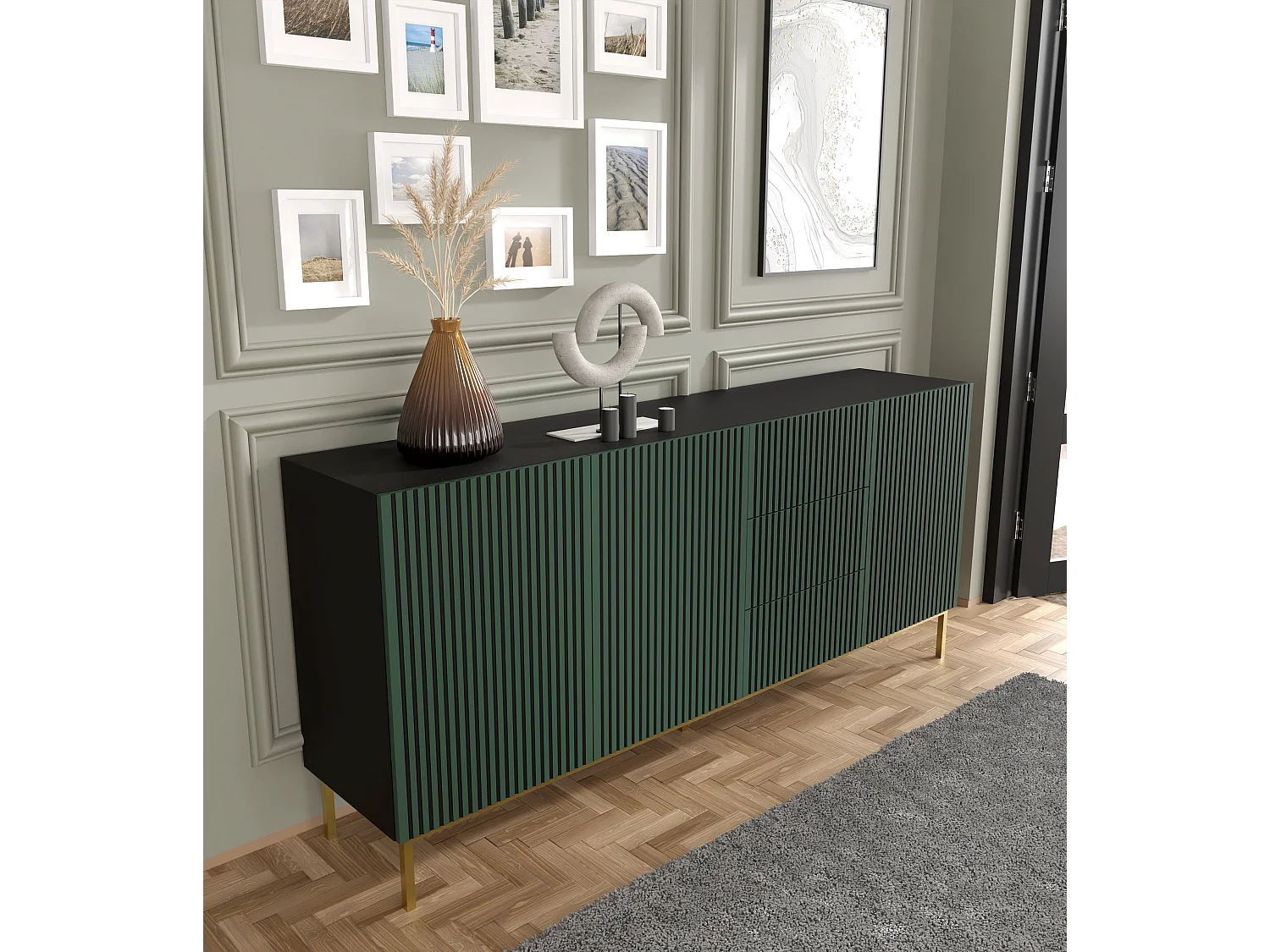 Kommode RavennaF 200x42x87 Schwarz & Grün & Golden