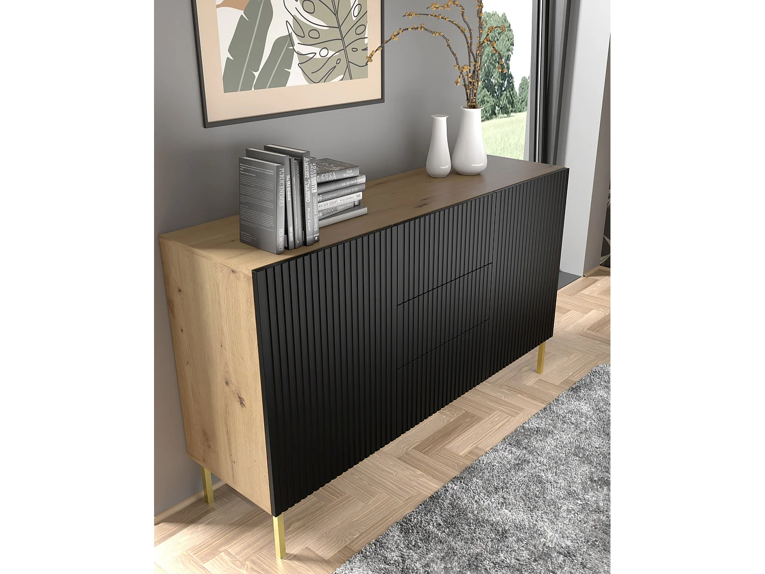 Cómoda RavennaB 150x42x89 Crema & Negro & Dorado