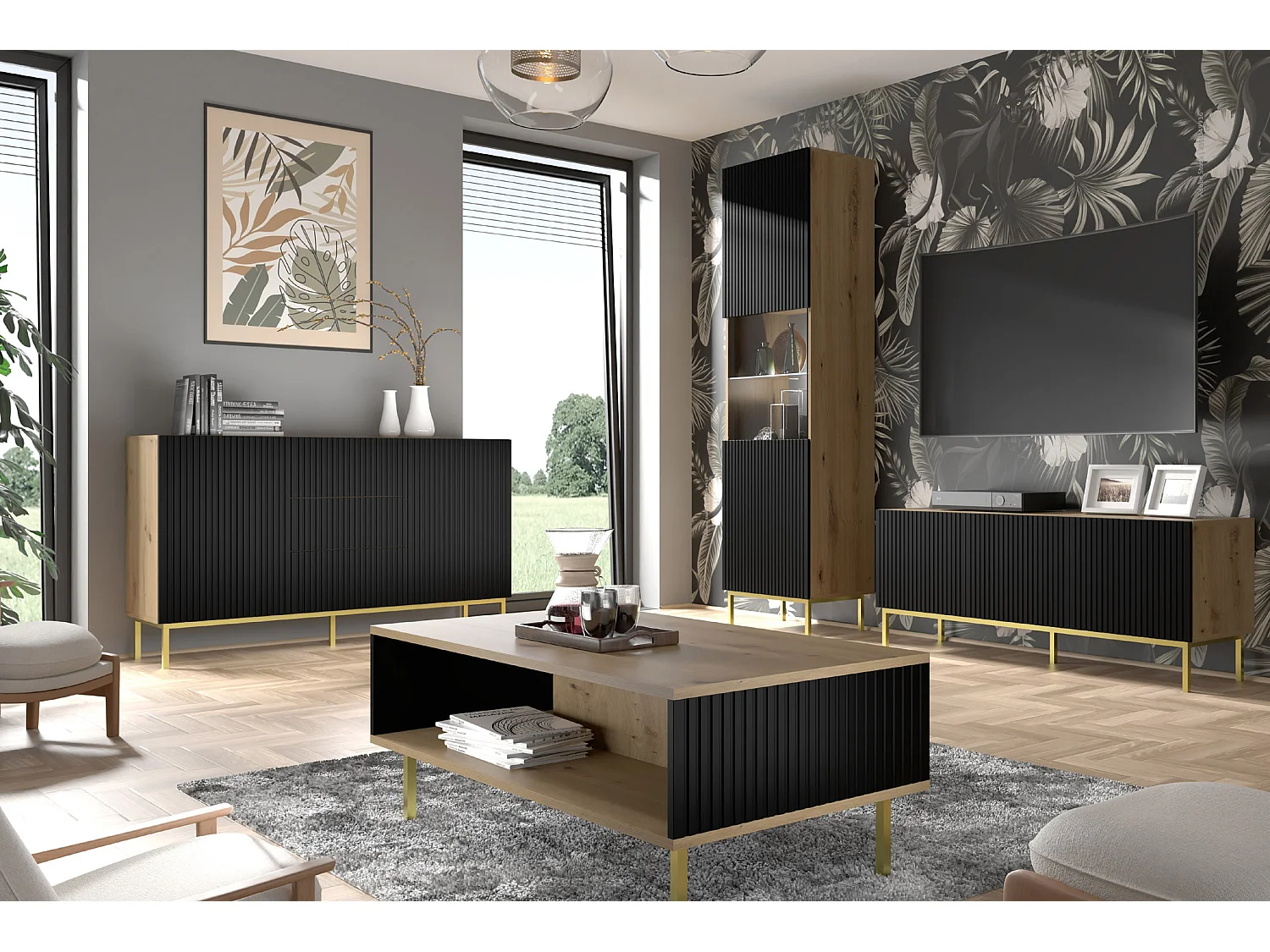 Kommode RavennaB 150x42x89 Creme & Schwarz & Golden