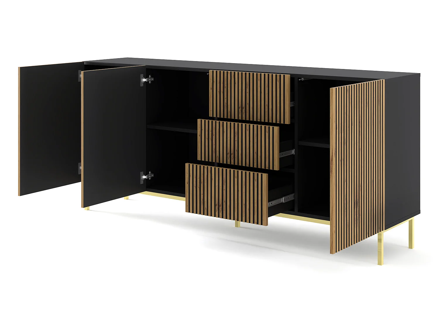 Cómoda RavennaF 200x42x87 Negro & Crema & Dorado