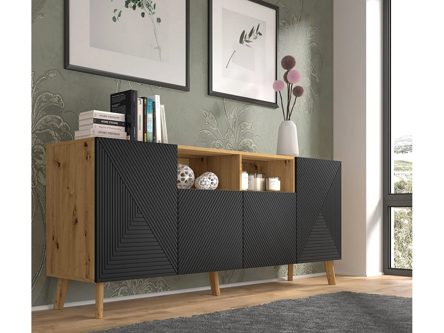 Aparador 4 portas Nexa madeira e preto 80cm