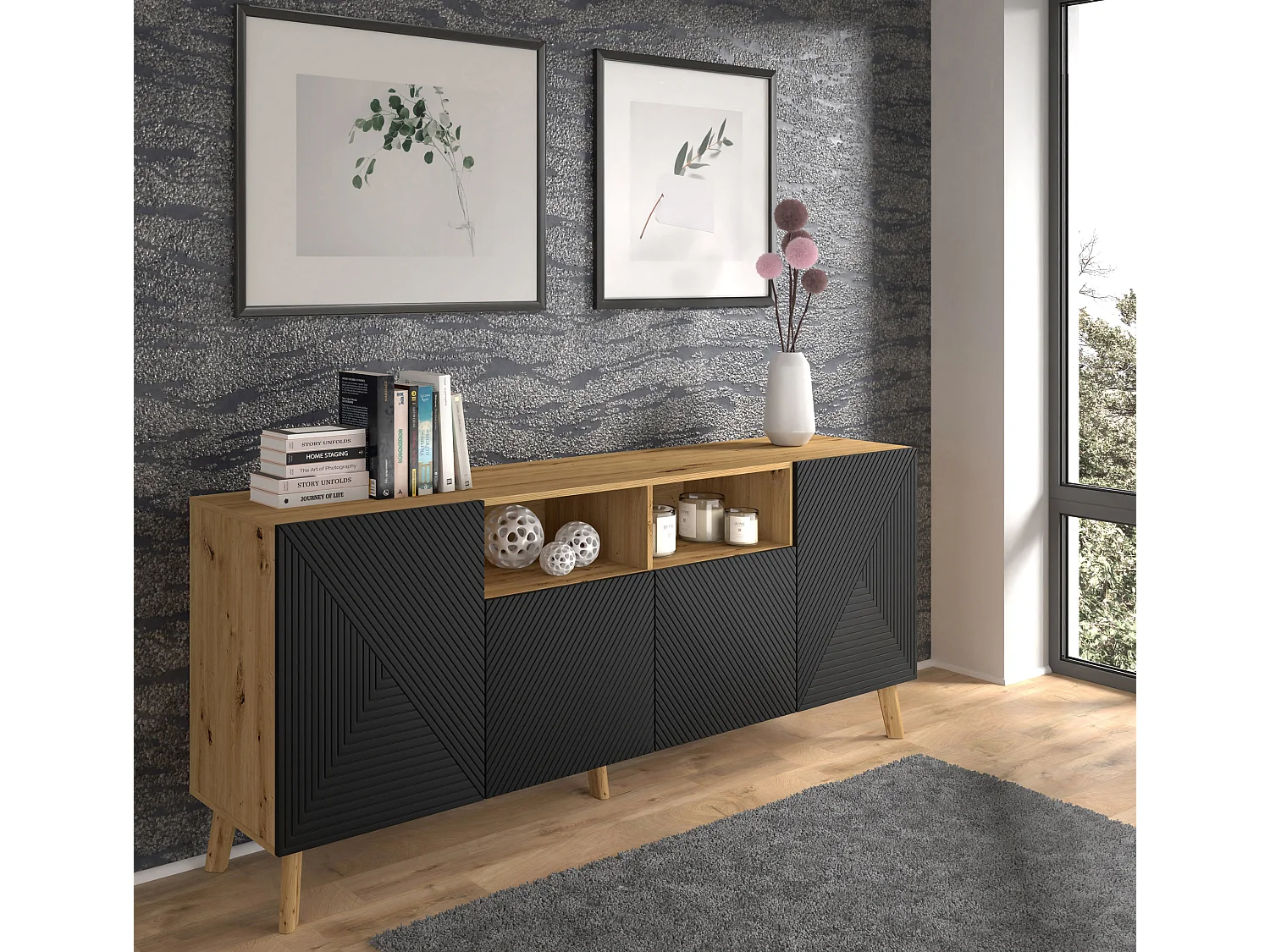 Nexa Houten en zwarte 4-deurs buffetkast