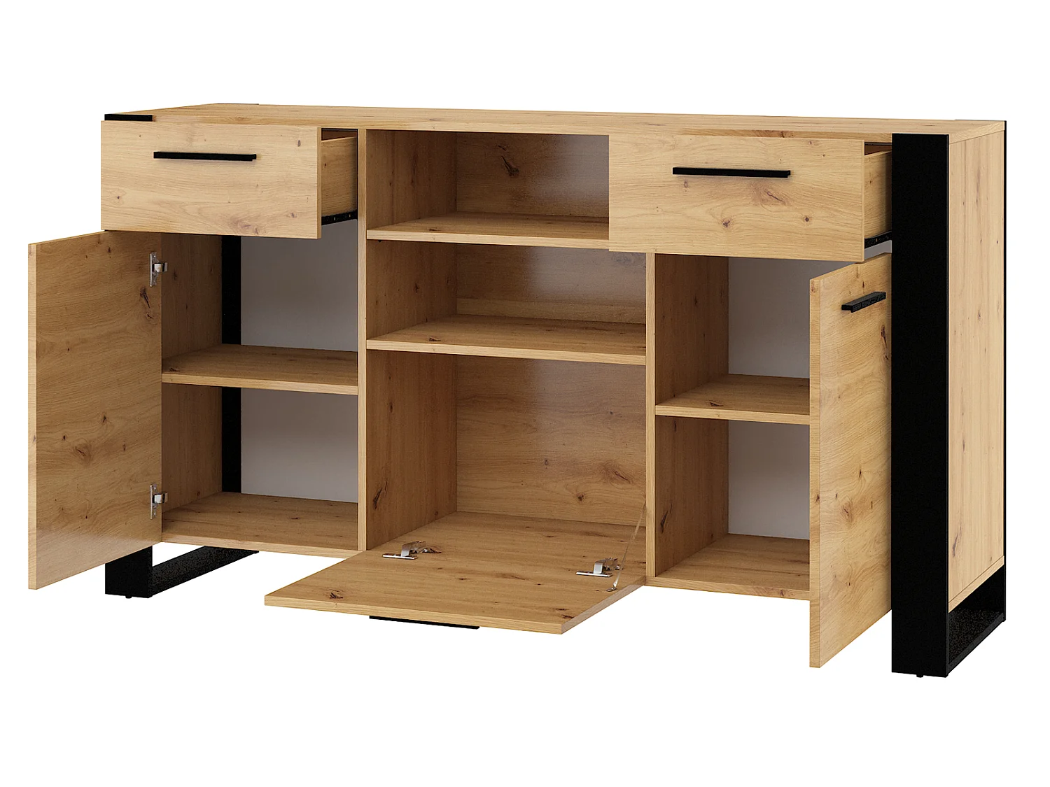 Nouka Hout en Zwart 3-deurs dressoir met 2 laden