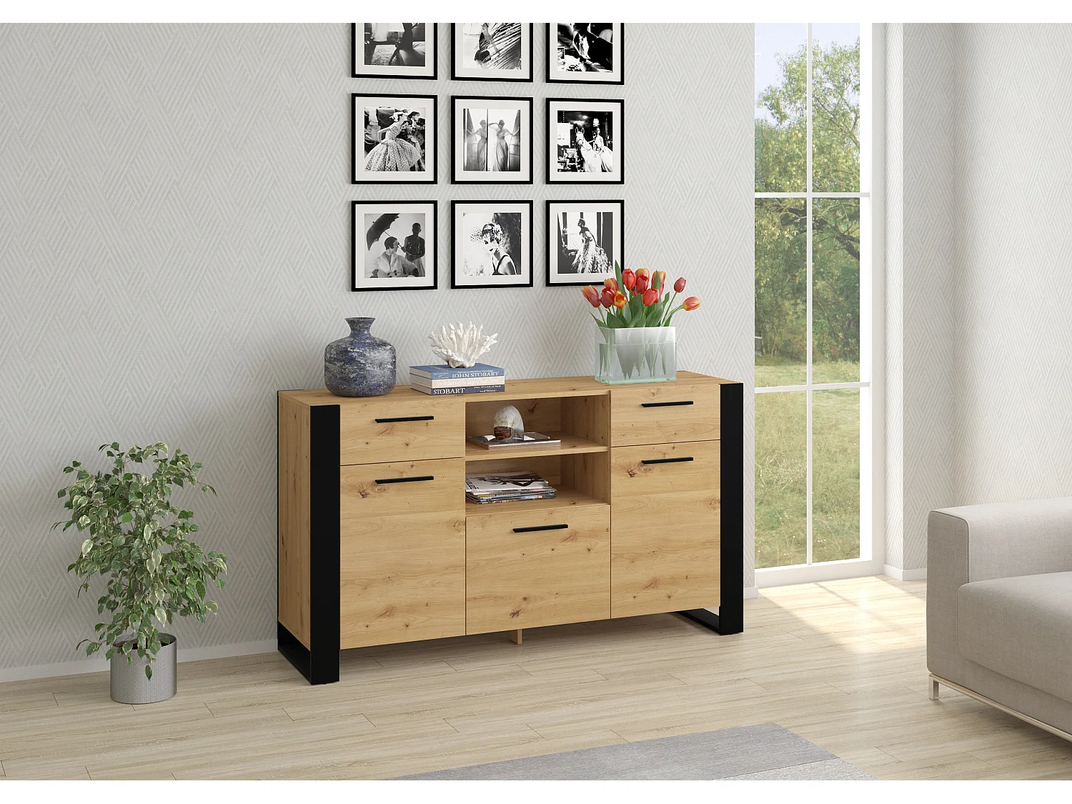 Nouka Hout en Zwart 3-deurs dressoir met 2 laden