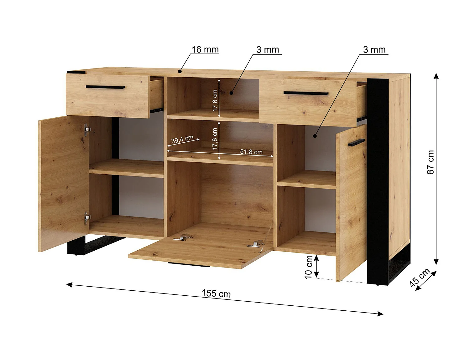 Nouka Hout en Zwart 3-deurs dressoir met 2 laden