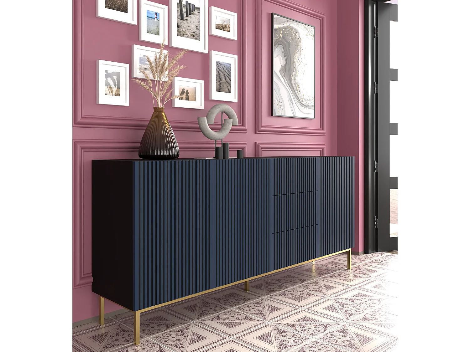 Cassettiera RavennaF 200x42x87 Nero & Blu reale & Oro