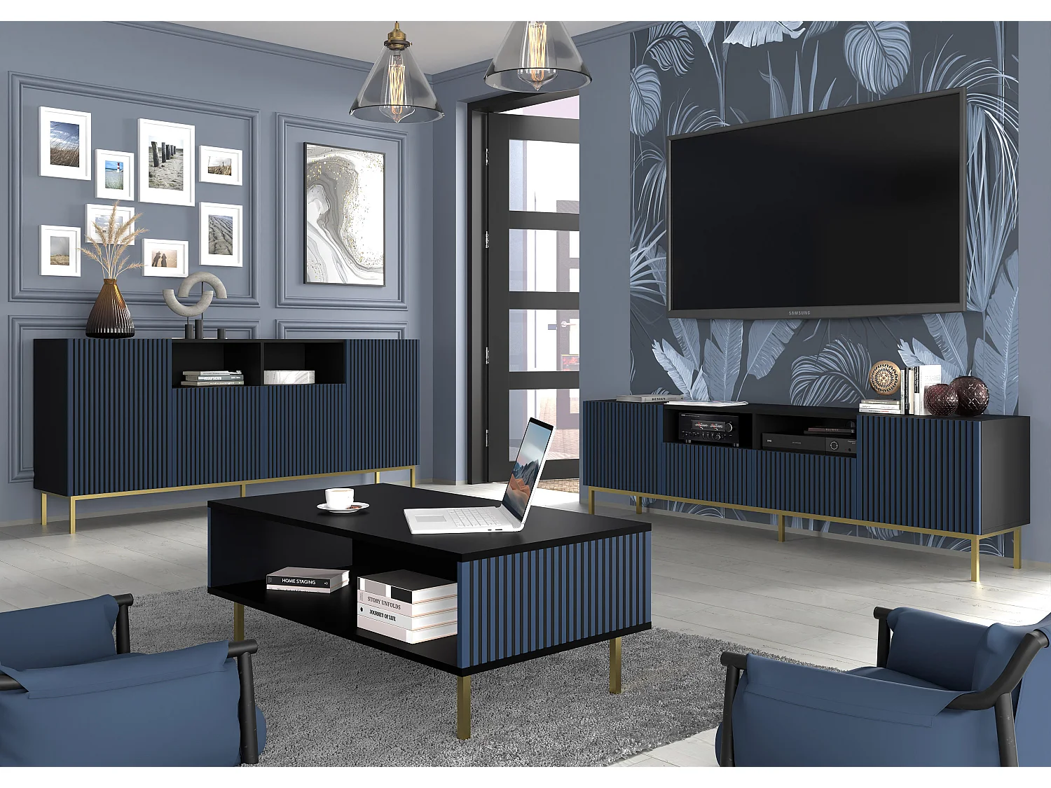 Cassettiera RavennaF 200x42x87 Nero & Blu reale & Oro