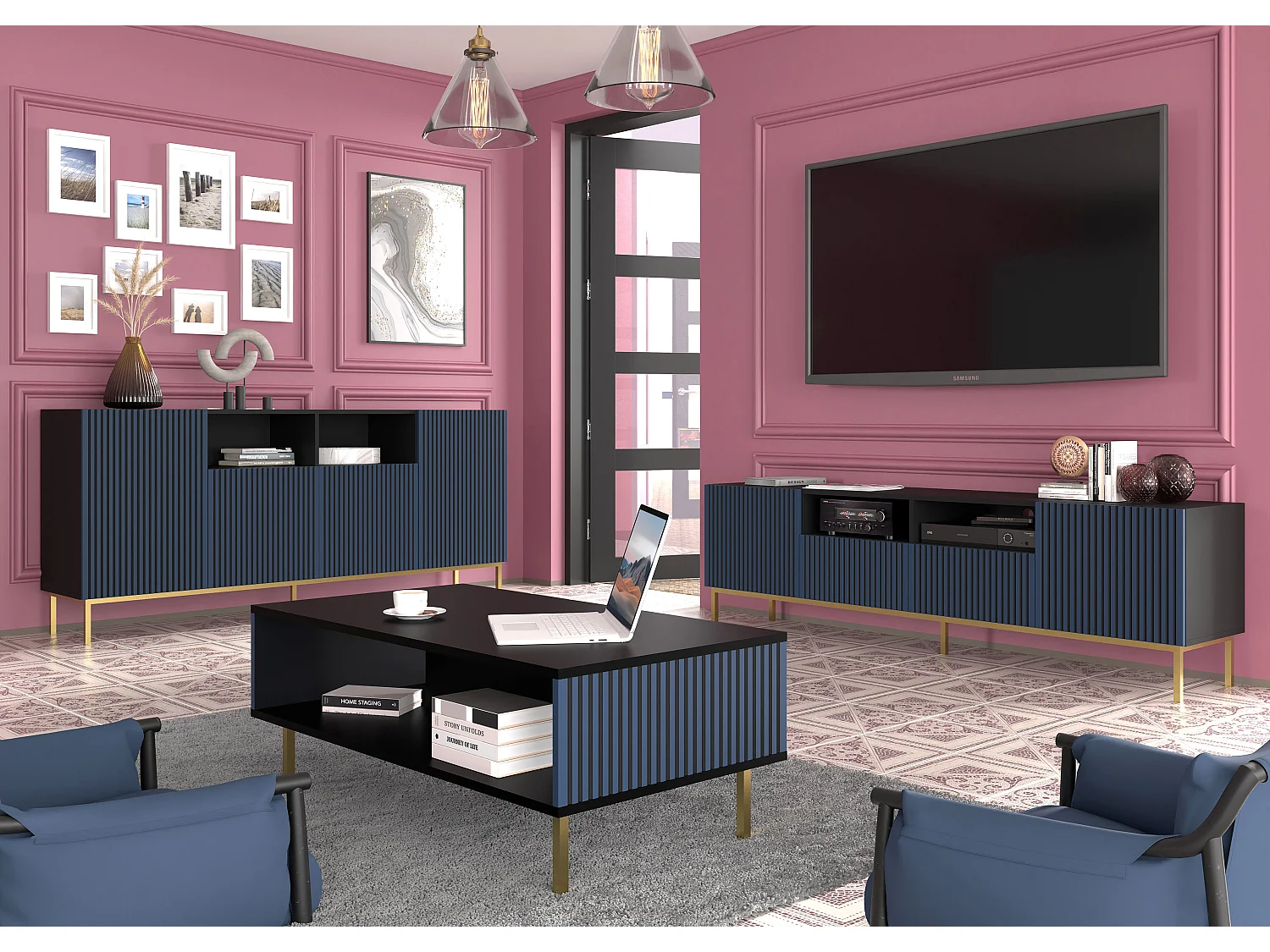 Cassettiera RavennaF 200x42x87 Nero & Blu reale & Oro