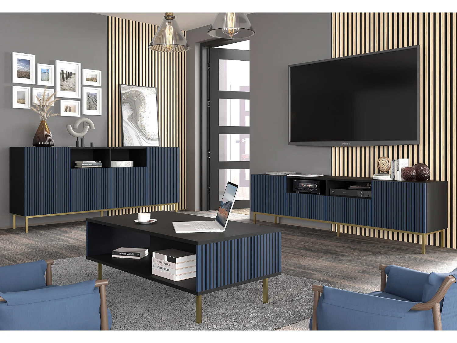 Cassettiera RavennaF 200x42x87 Nero & Blu reale & Oro