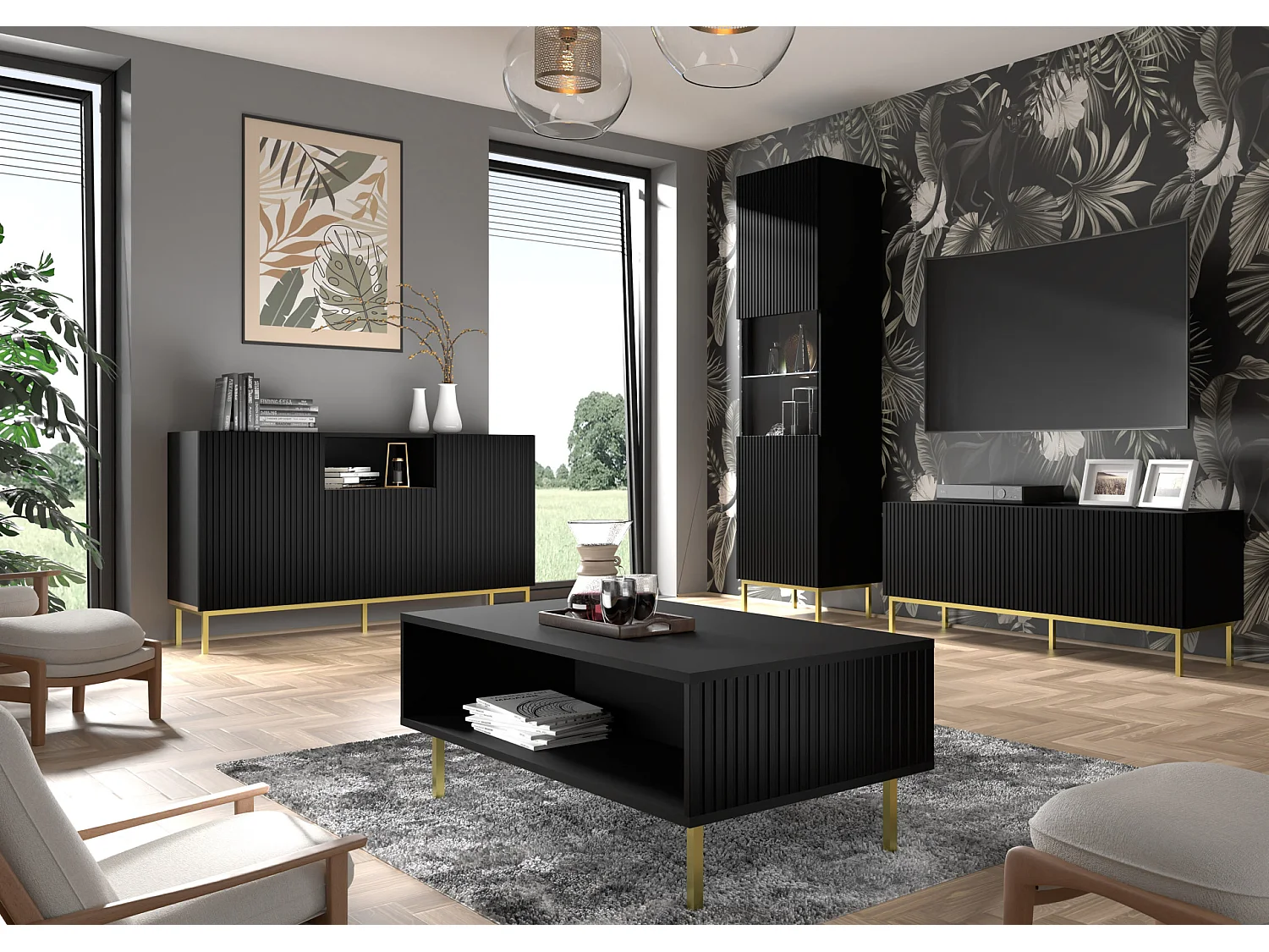 Commode RavennaB 150x42x87 Noir & Doré