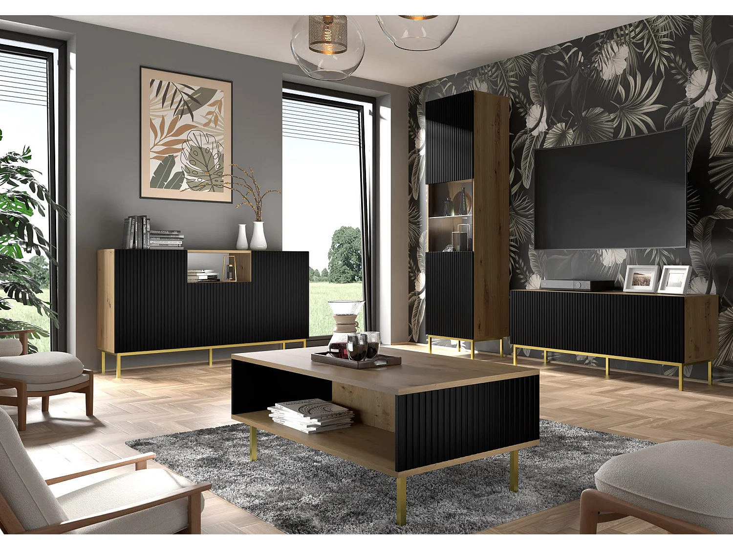 Commode RavennaB 150x42x87 Crème & Noir