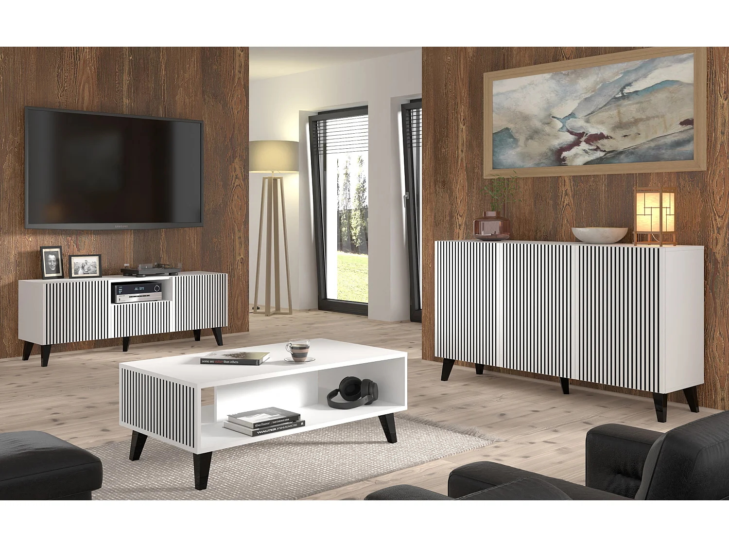 Commode RavennaP 150x42x87 Blanc & Noir