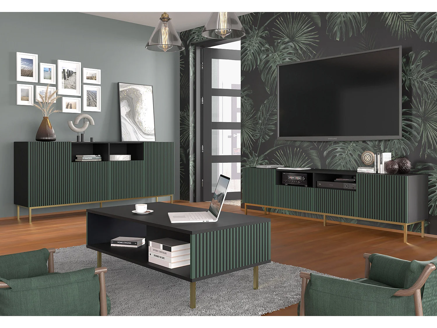 Couchtisch RavennaF 90x60x45 Schwarz & Grün & Golden