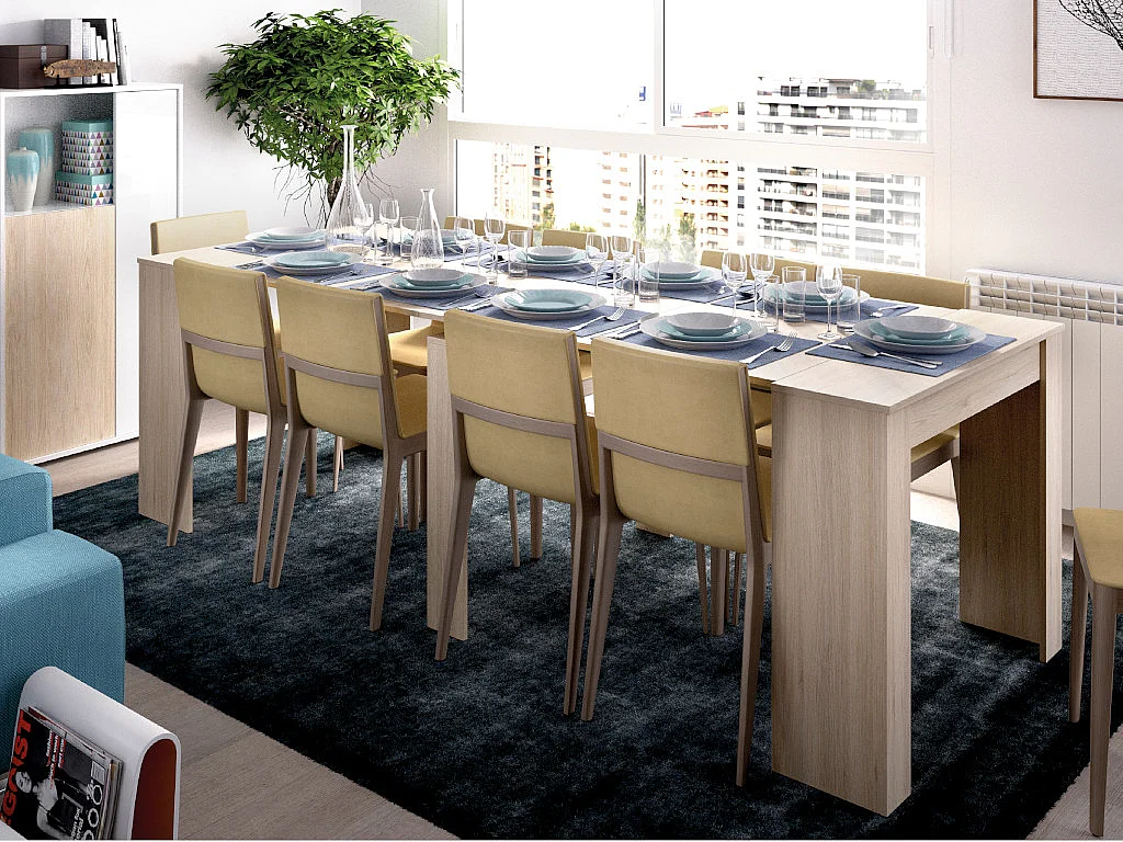Mesa consola extensible ONEGA - 10 comensales - 4 extensiones - Color: roble