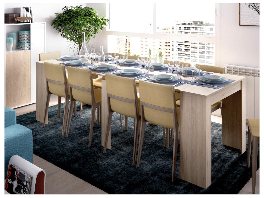 Mesa consola extensible ONEGA - 10 comensales - 4 extensiones - Color: roble