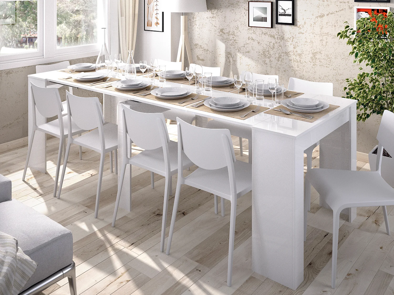Mesa consola extensible ONEGA - 10 comensales - 4 extensiones - Color: blanco