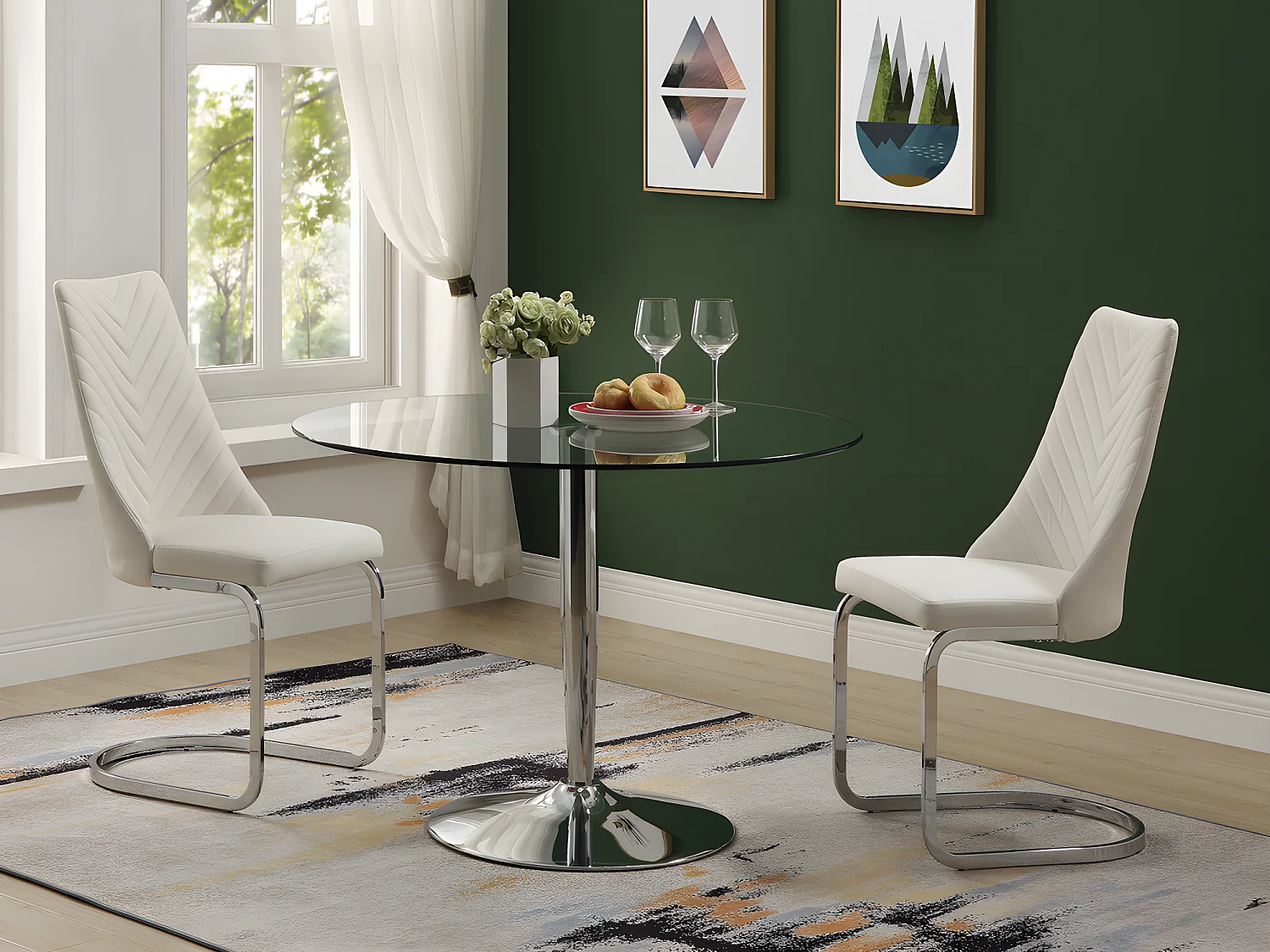 Table à manger ronde NOLAN - 2 personnes - Verre trempé & métal chromé