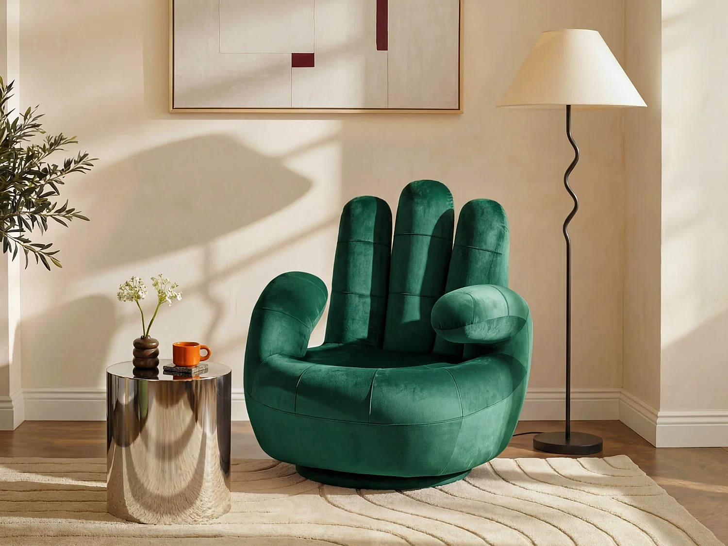 Poltrona a forma di mano girevole in velluto Verde scuro - CATCHY