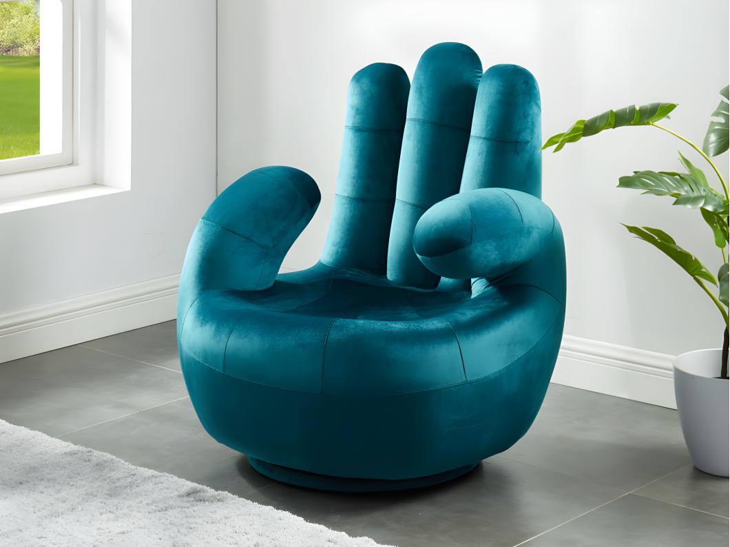 Sillón con forma de mano pivotante CATCHY de terciopelo – Verde azulado