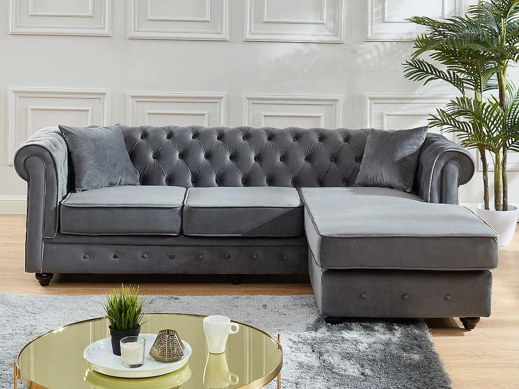 Canapé d'angle chesterfield réversible TOLEDO en velours - Anthracite