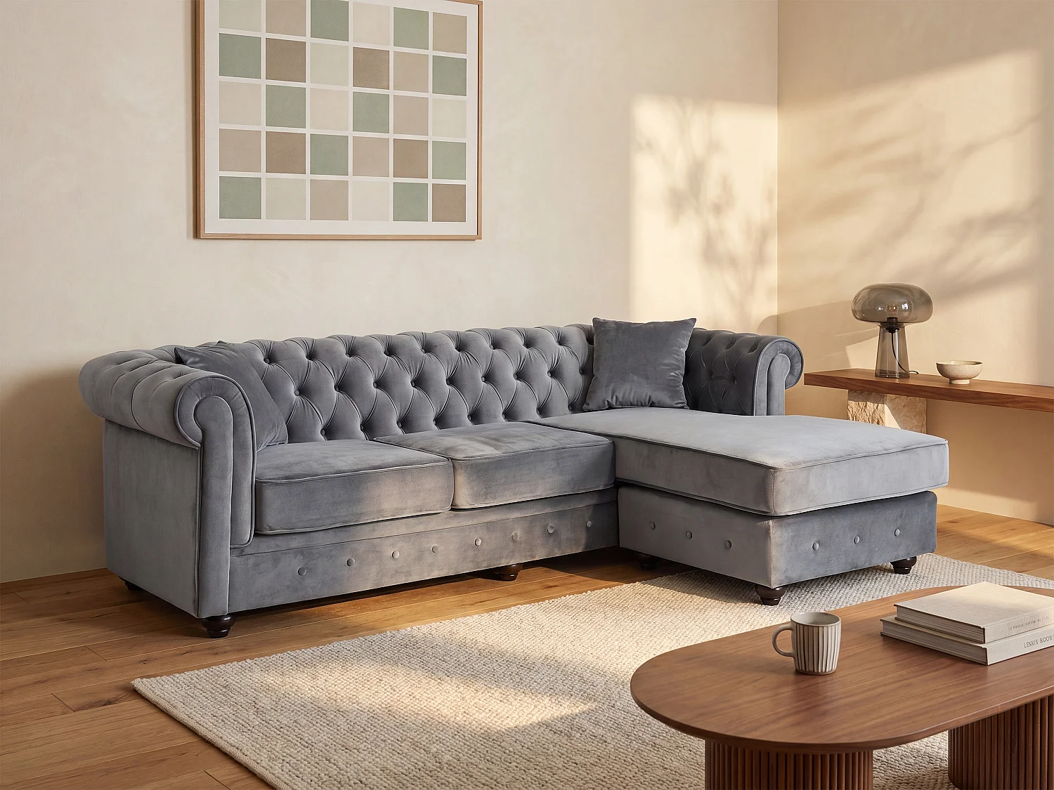 Canapé d'angle chesterfield réversible TOLEDO en velours - Anthracite