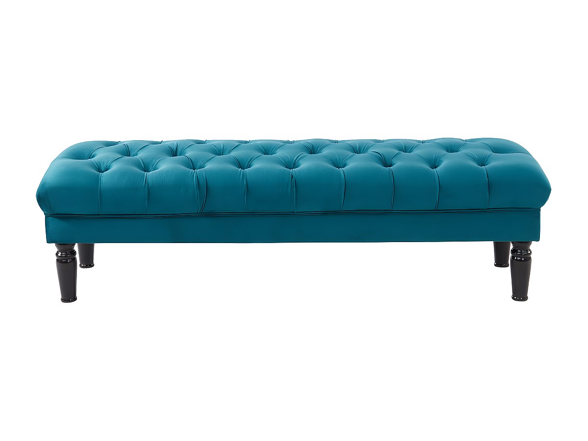 Poggiapiedi Cassapanca Imbottito In Velluto Blu Petrolio: 35 Litri Di Contenitore Con Gambe In Legno, 80x39x40 Cm