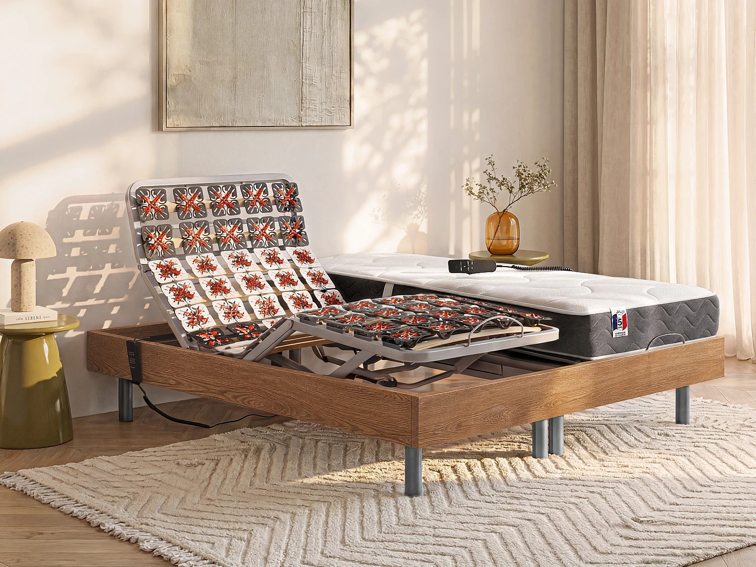 Relaxbett elektrisch mit Tellermodulen - Matratzen 100% Latex mit 3 Zonen - 2 x 80 x 200 cm Holzfarben hell - JUPITER von  YSMÉE