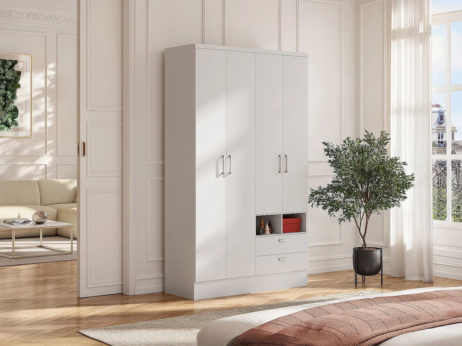 Armoire ODILON - 4 portes & 2 tiroirs - L.120 cm - Blanc