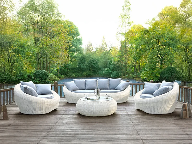 Garten-Sitzgruppe Polyrattan: Sofa, 2 Sessel + Tisch - Elfenbeinweiß - WHITEHEAVEN von MYLIA